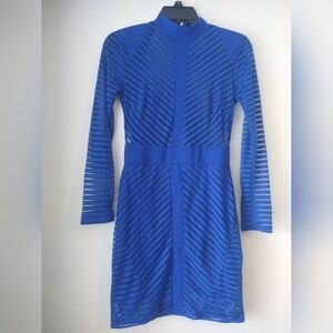 Iris Blue Ribbed Sheath Dress Long Sleeve Mock Neck